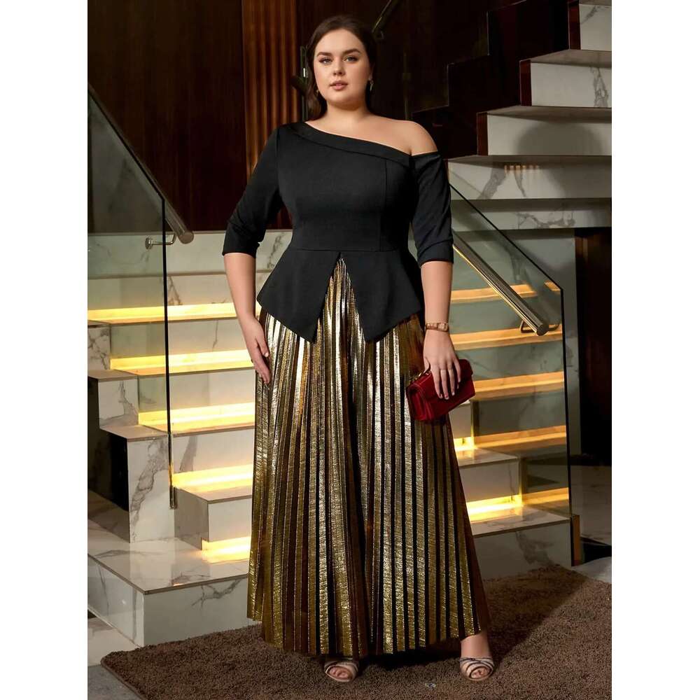 Women Black Top And Gold Long Pleated Skirt Sets Off Shoulder Split Shirt High Waist A-Line Skirts Two Pieces Set Plus Size 4XL