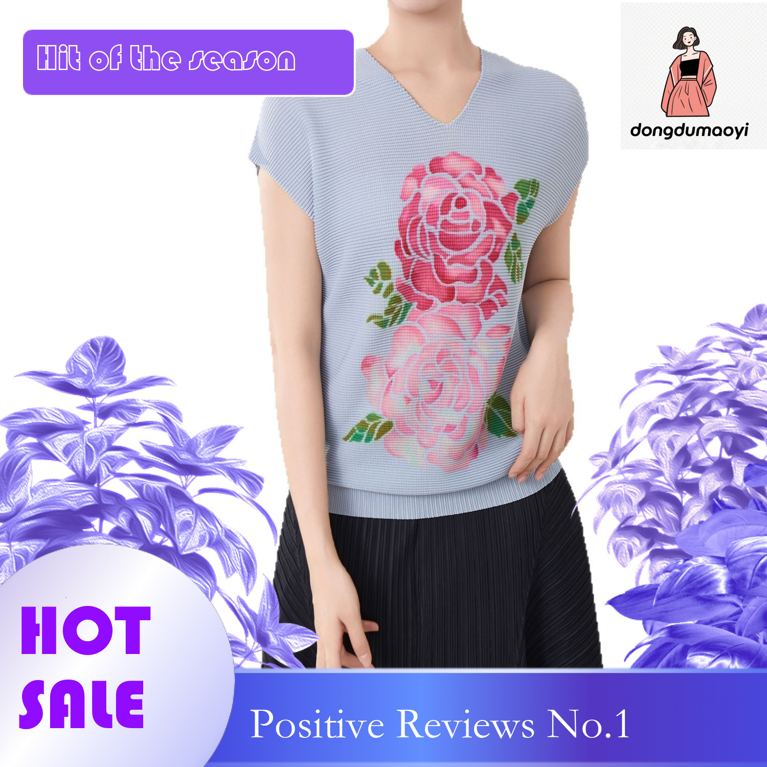 dongdumaoyi Miyake versatile design, niche fashion temperament, new pleated rose print V-neck short sleeved t-shirt for women