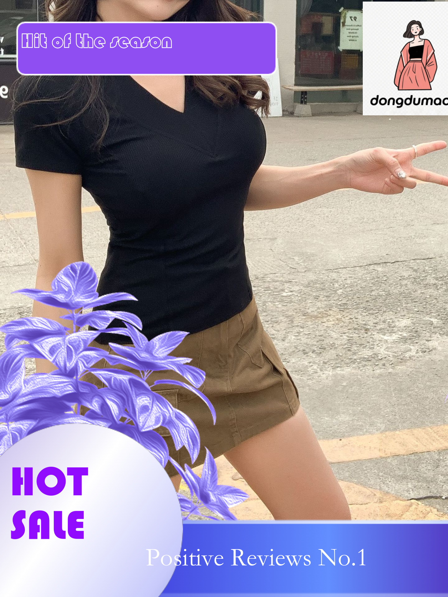 dongdumaoyi Korean solid color summer new style big V-neck T-shirt for women's design, slim fit stylish, versatile and simple short sleeved top