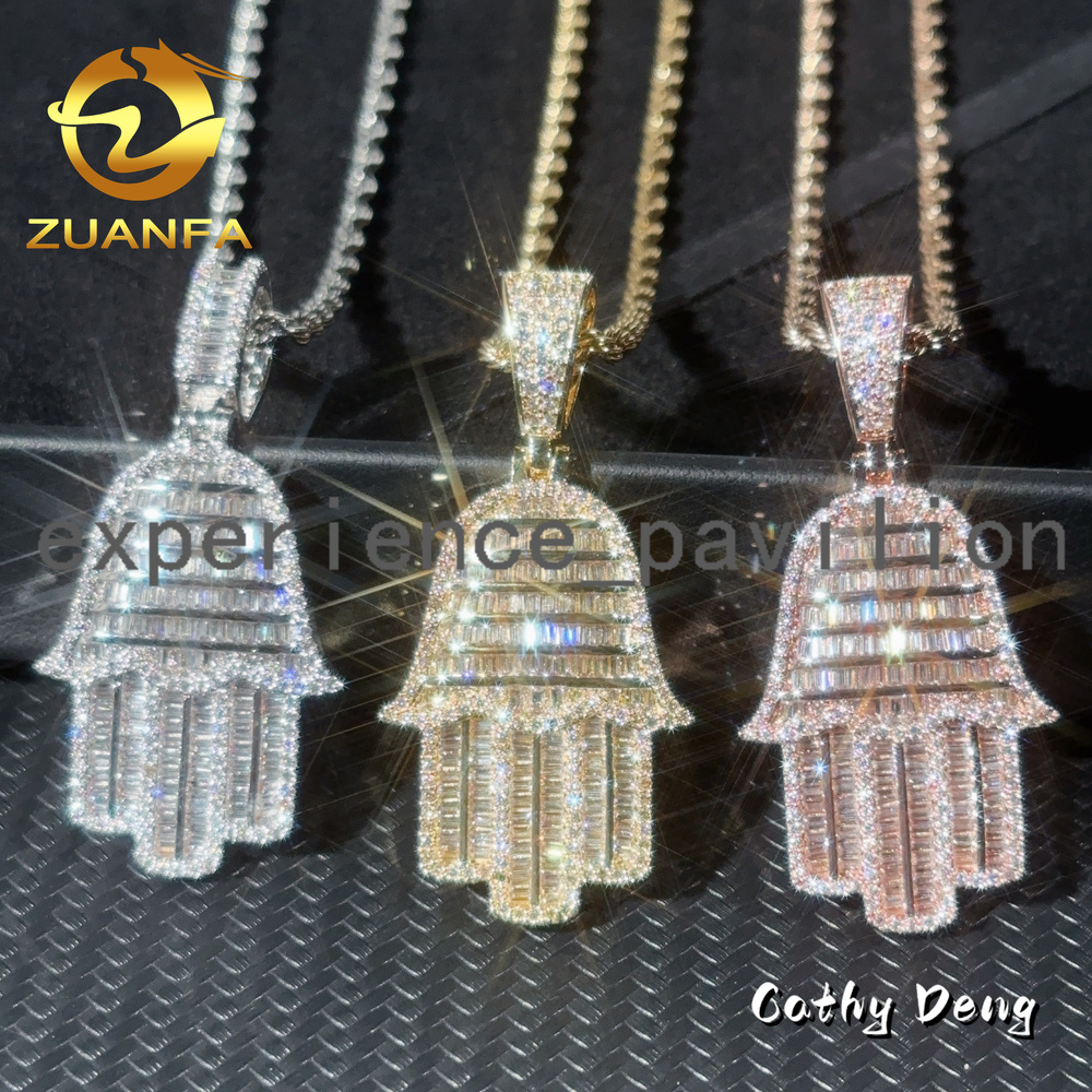 Instock Shipping Lab Diamond Pendant Hand Baguette Cut Hip Hop Pendant 925 Silver Moissanite Pendant With Free Rope Chain