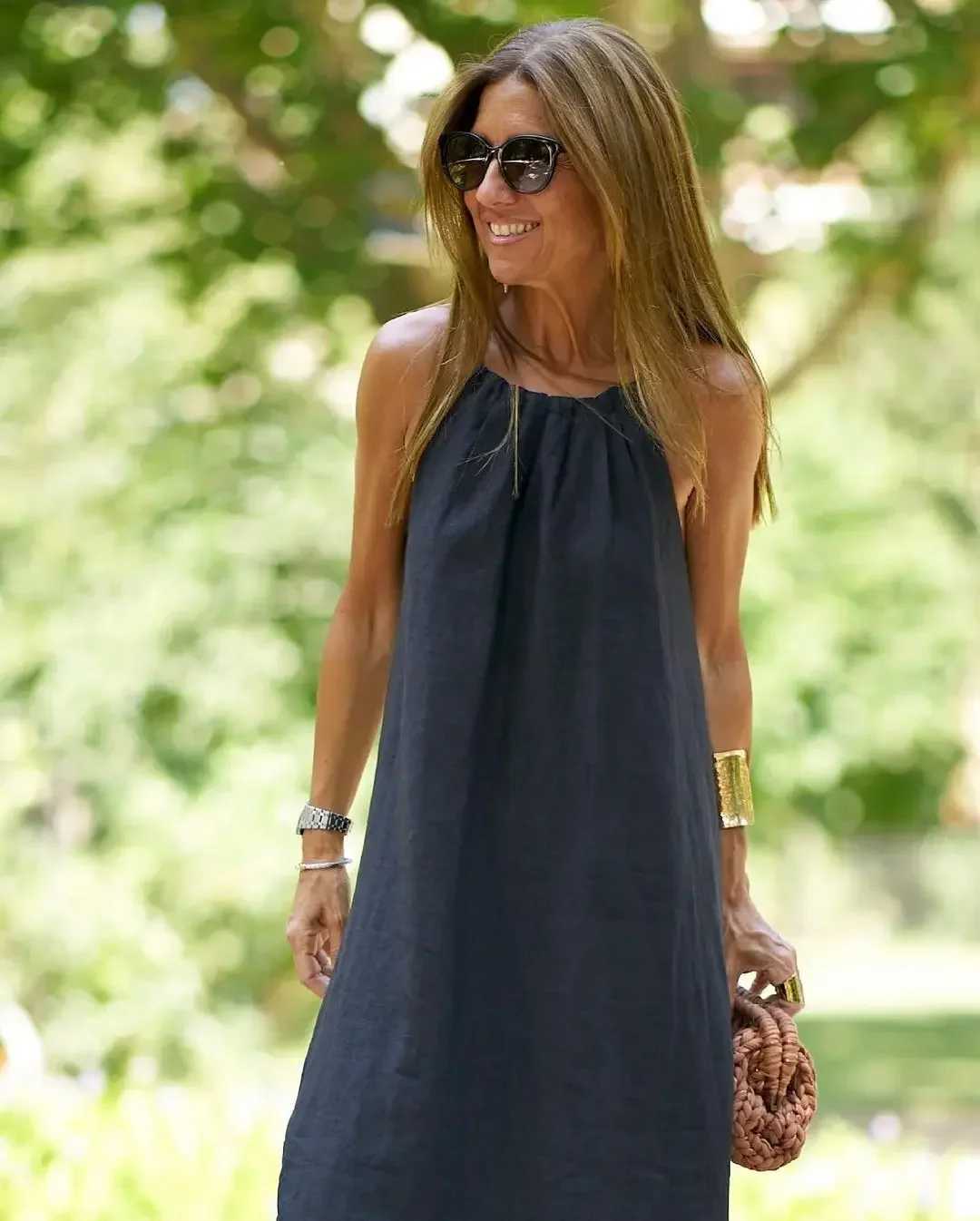 2025 Spring Cotton Linen Women Dress Long Black Sleeveless Loose Halter Dresses Female New Casual Elegant Trendy Ladies ClothesXJ250514