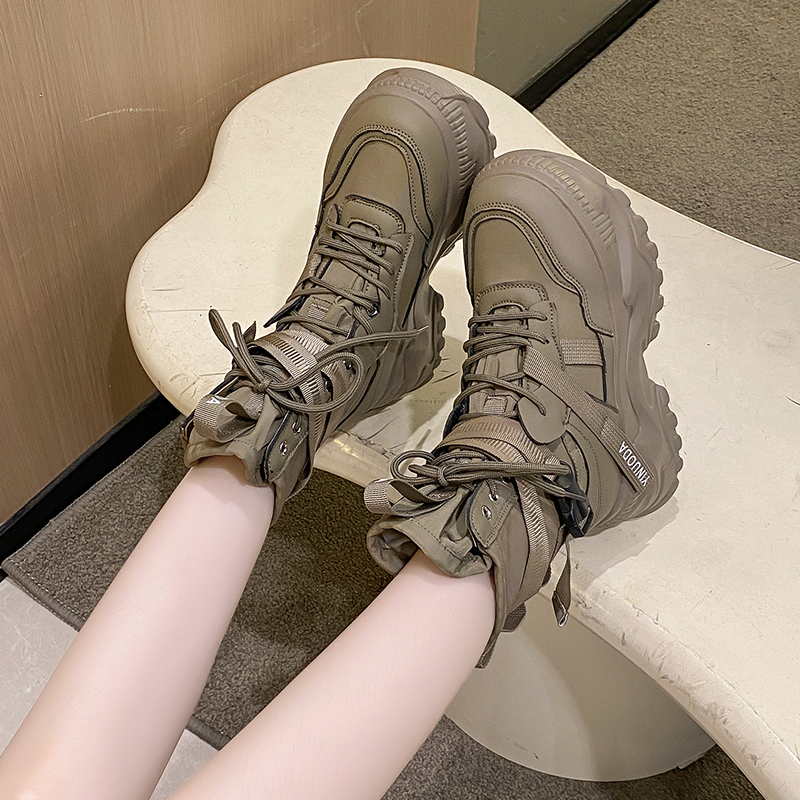 Hot Fashion Women Sporty High Top Shoes Chunky Platform Motorcycle Boots White Lace Up Thick Bottom Shoes Woman Autumn Winter Ankle Botas De Mujer