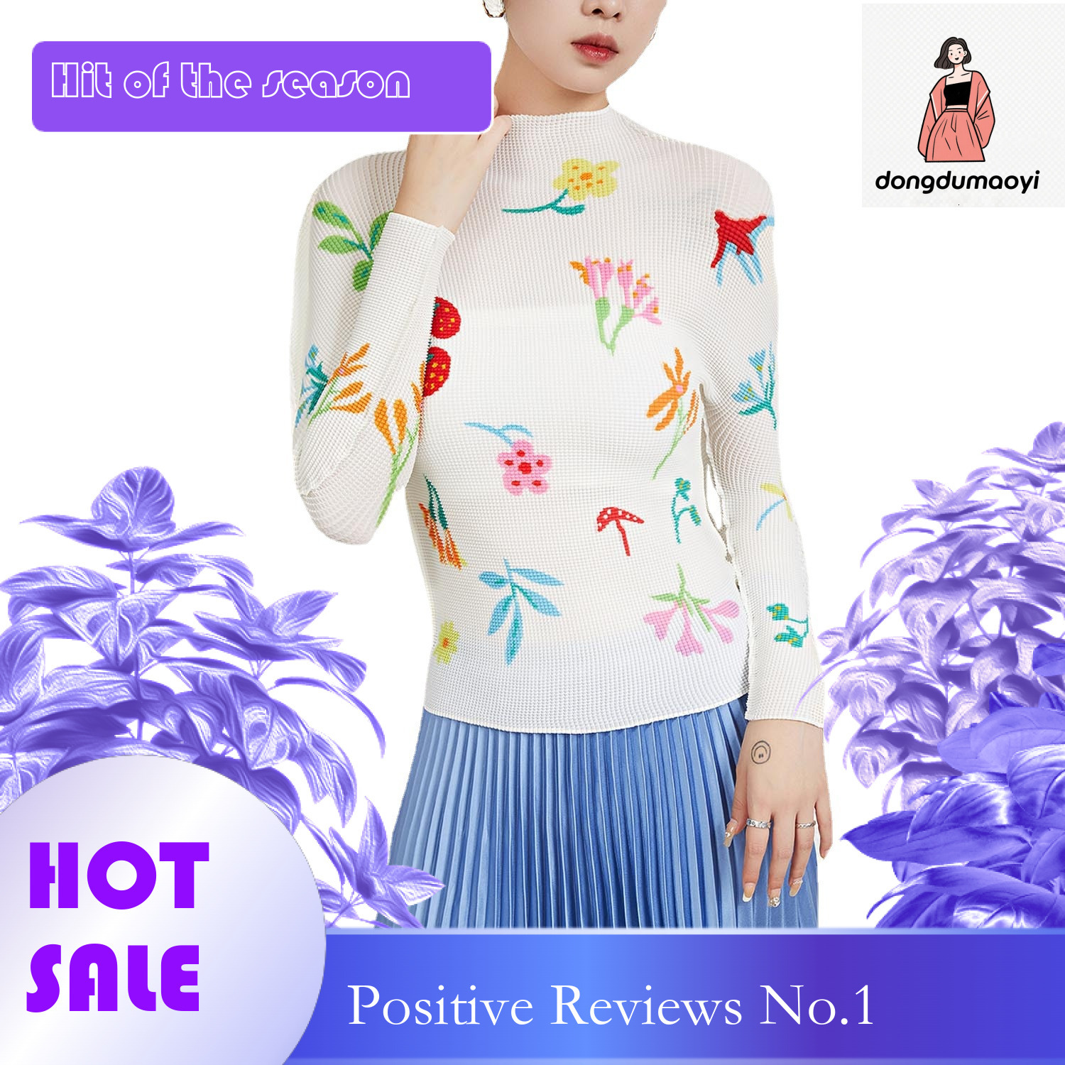 dongdumaoyi Miyake printed top long sleeved women's spring pleated new style semi high neck fashionable temperament slim fit base T-shirt