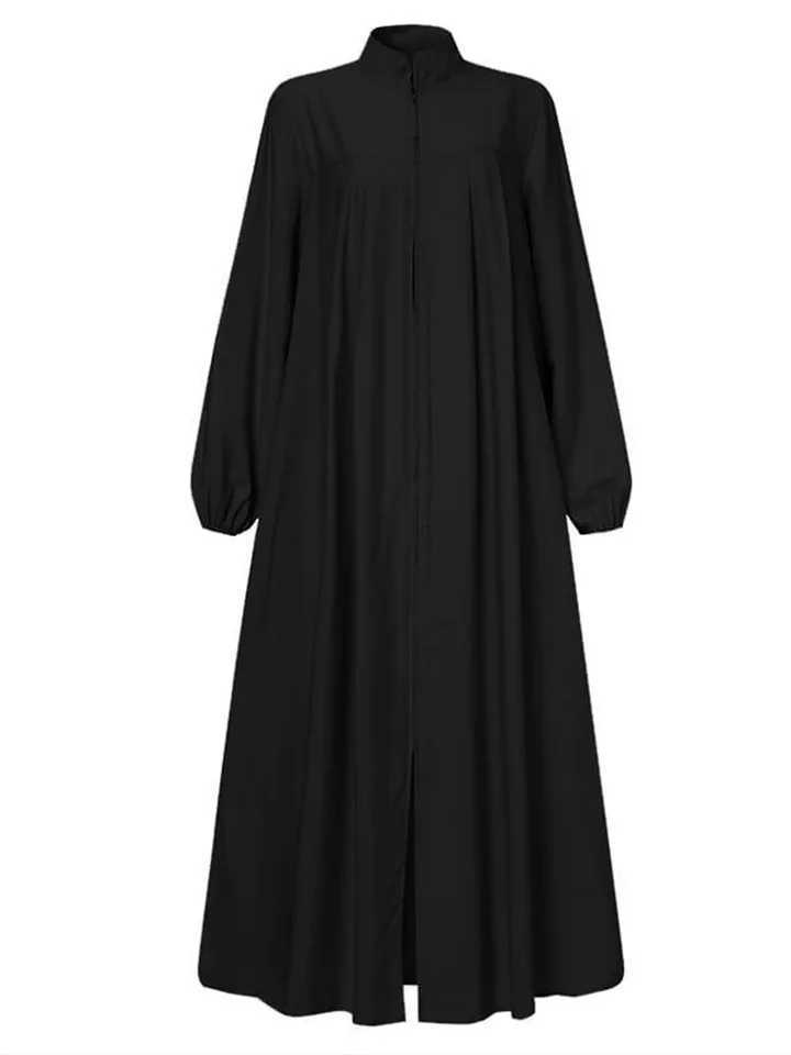 Muslim black dress with small stand-up collar and zipper pocket design elegant loose and casual long-slved skirt X250514