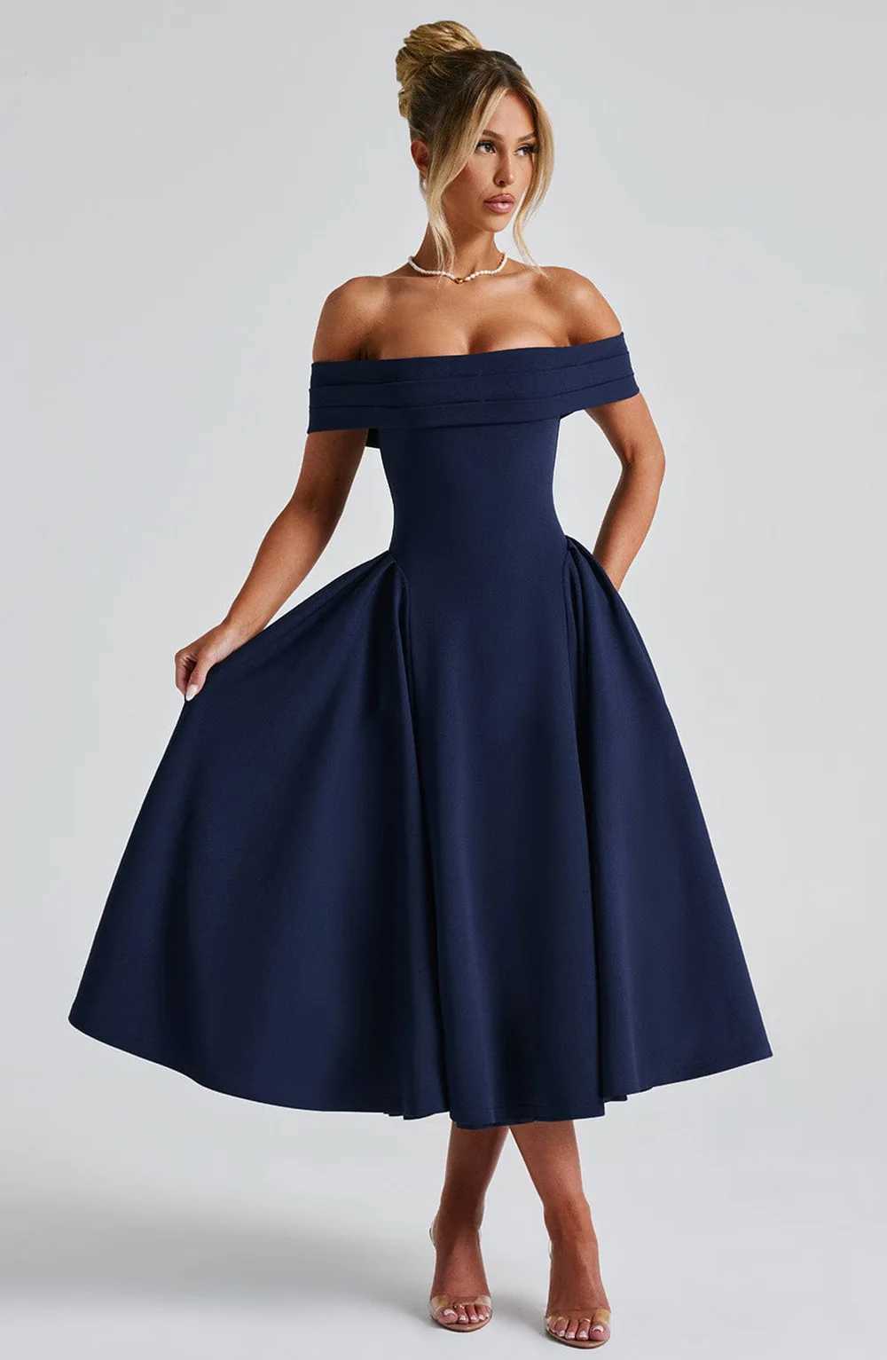 Womens Elegant Solid Color Strapless Backless Formal Dress Off Shoulder Design Long Dress Sexy A Line Formal Dress New In 2025XJ250514