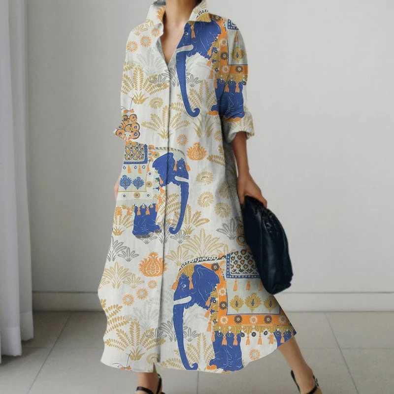 2023 Autumn New Printed Retro Skinny Dress Womens Senior Loose Casual Straight Long Novelty Mudman Printed Colorful Shirt DressXJ250514