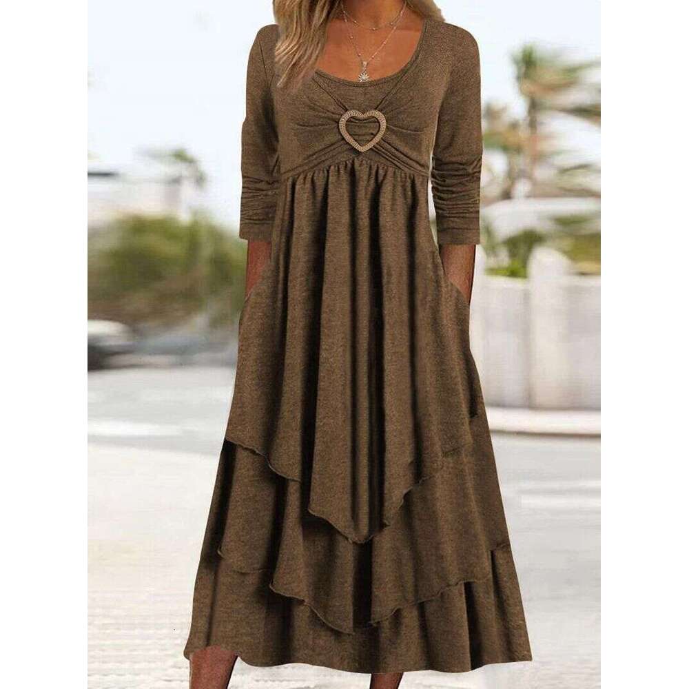 Women Clothes Dress Spring And Autumn New Solid Color Waistband Love Decoration By Layer Cake Hem Casual Dress KQ