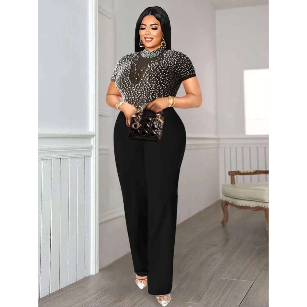 Plus Size Jumpsuits for Women See Through Beading Long Sleeve Beige Black Empire Wide Leg One Piece Outfits Rompers