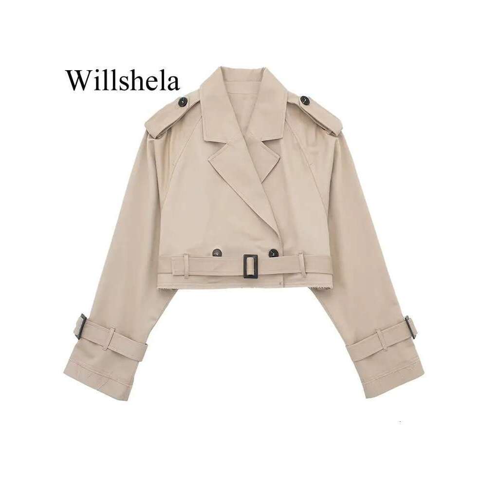 Willshela Women Fashion With Belt Cropped Trench Jacket Vintage Notched Neck Long Sleeve Female Chic Lady Coat Outfits