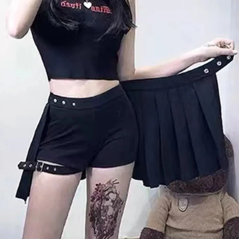 Emo Alt Y2k Dark Goth Cyber Skirt Women Streetwear Harajuku Grunge Punk Clubwear Leg Ring Patchwork Hollow Out Shorts 250514