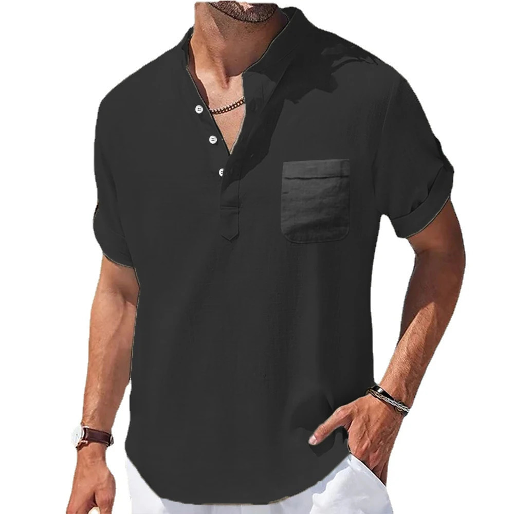Mens Casual Stand Up Collar Summer Solid Color Short Sleeve Linen Shirt Trendy Breathable Loose Youth Basic Pocket Top 250514