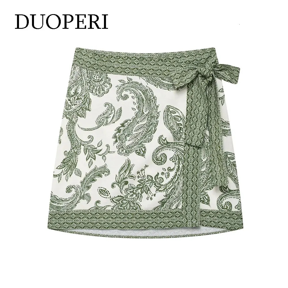 DUOPERI Women Summer Printed Bow Lace Up ALine Mini Skirt High Elastic Waist Female Elegance Chic Vintage Lady Short Skirts 250514