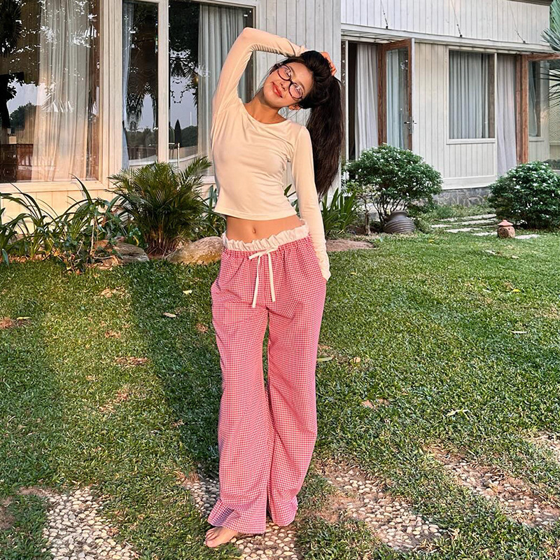 Womens striped patchwork contrasting high waisted drawstring loose straight woven fashionable casual comfortable pants 250320