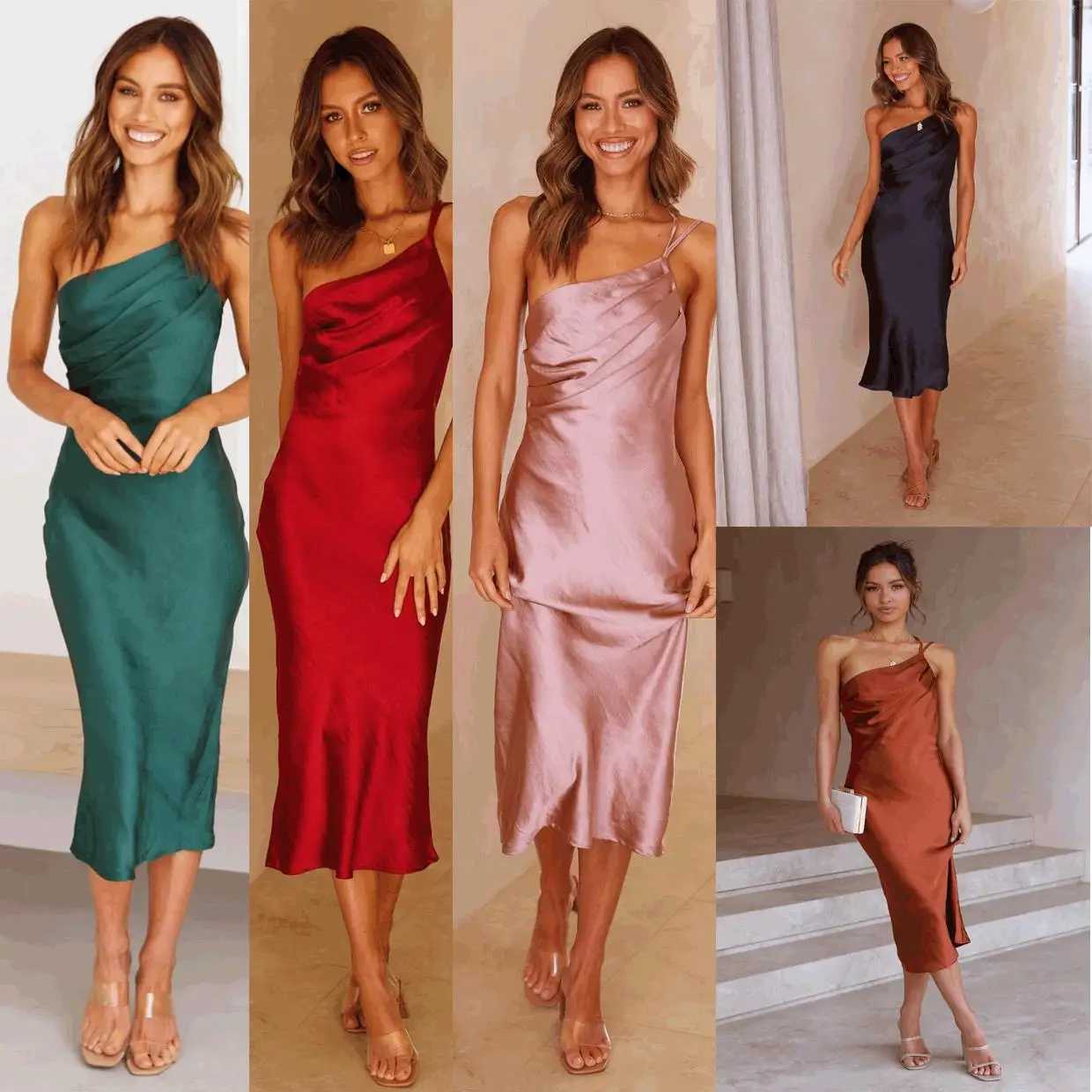 Solid Color One Shoulder Spaghetti Strap Slim Party Dresses Women Folds Backless Leace-up Package Hip Bodycon Lady Evening DressXJ250514