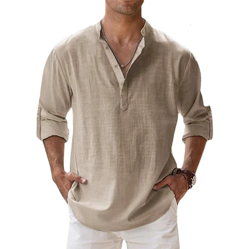 Cotton Linen Shirts for Men Casual Lightweight Long Sleeve Henley Beach Hawaiian T 250514