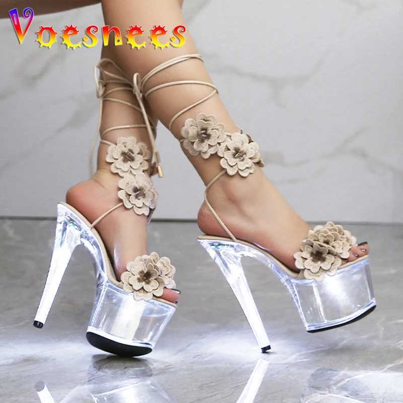 Women Transparent Platform High Heels Light Up Glowing Luminous Sandals Handmade Flowers Ankle Strap 17CM Summer Shoes For Women W250514