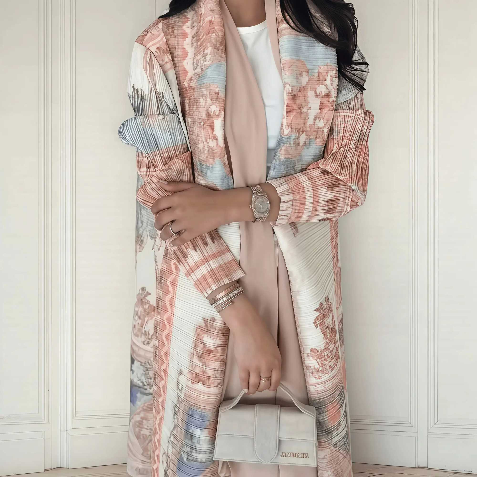 Autumn Womens Long Coat Retro Printed Long Slved Muslim Abaya Saudi Fashion Wrinkled Waist Belt X250514