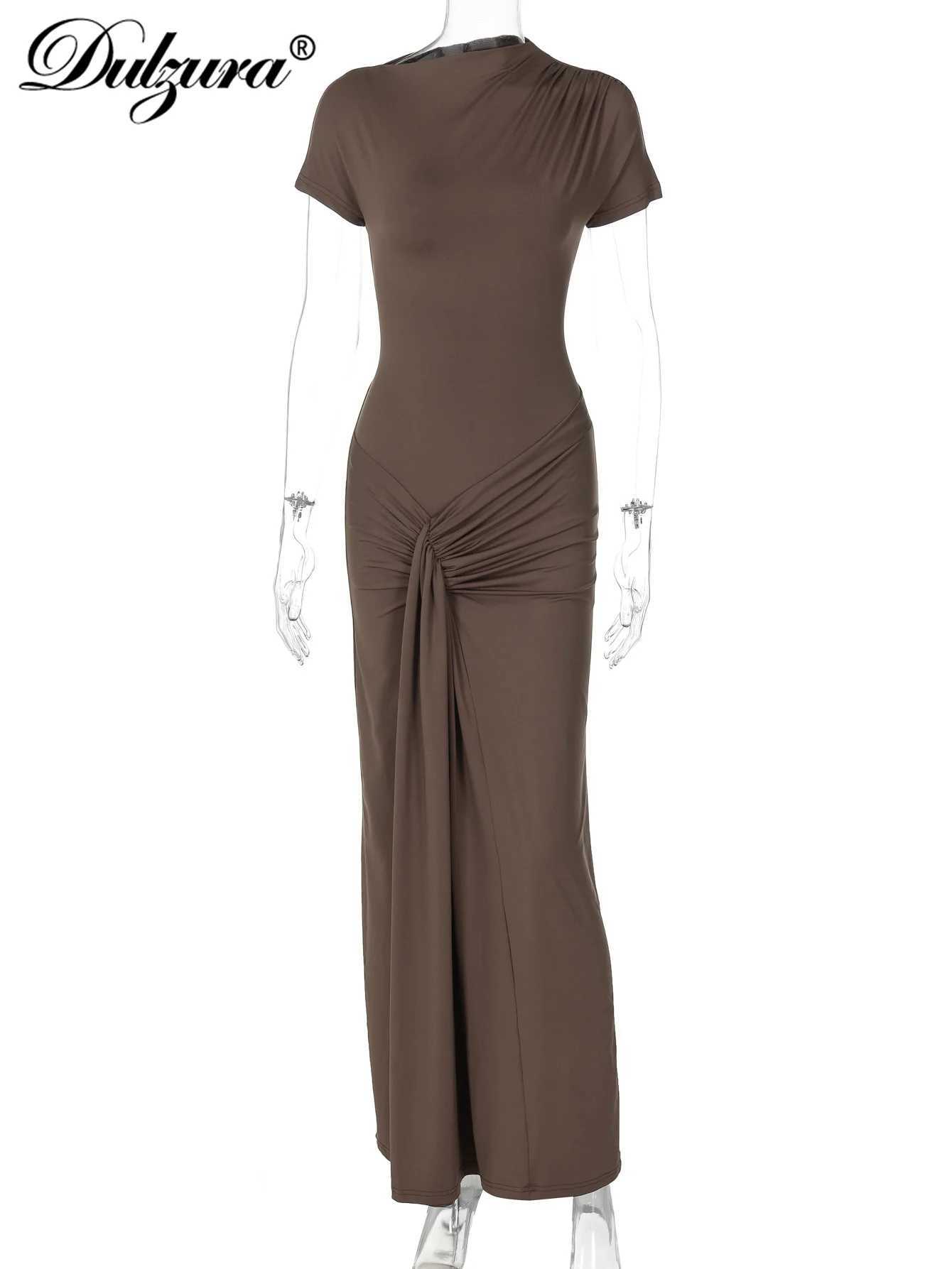 Dulzura Skew Collar Short Sleeves Lace Up Ruched Tight Maxi Dress Solid Elegant Bodycon Outfit Party Club Streetwear SpringXJ250514