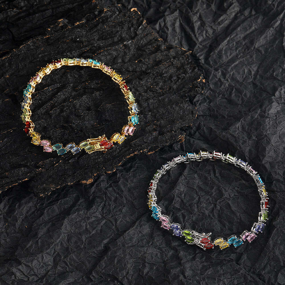 Hip Hop Jewelry Colorful Oval Bracelet Egg Double Rowed Copper Set Zircon Tennis Chain for Women's Folding Wear