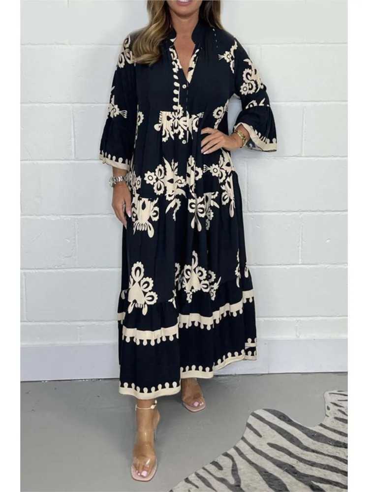 Womens Printed Loose Ethnic Retro Dress Spring Autumn V Neck Button A-Line Long Dress Summer 3/4 Sleeve Bohemian Maxi DressesXJ250514