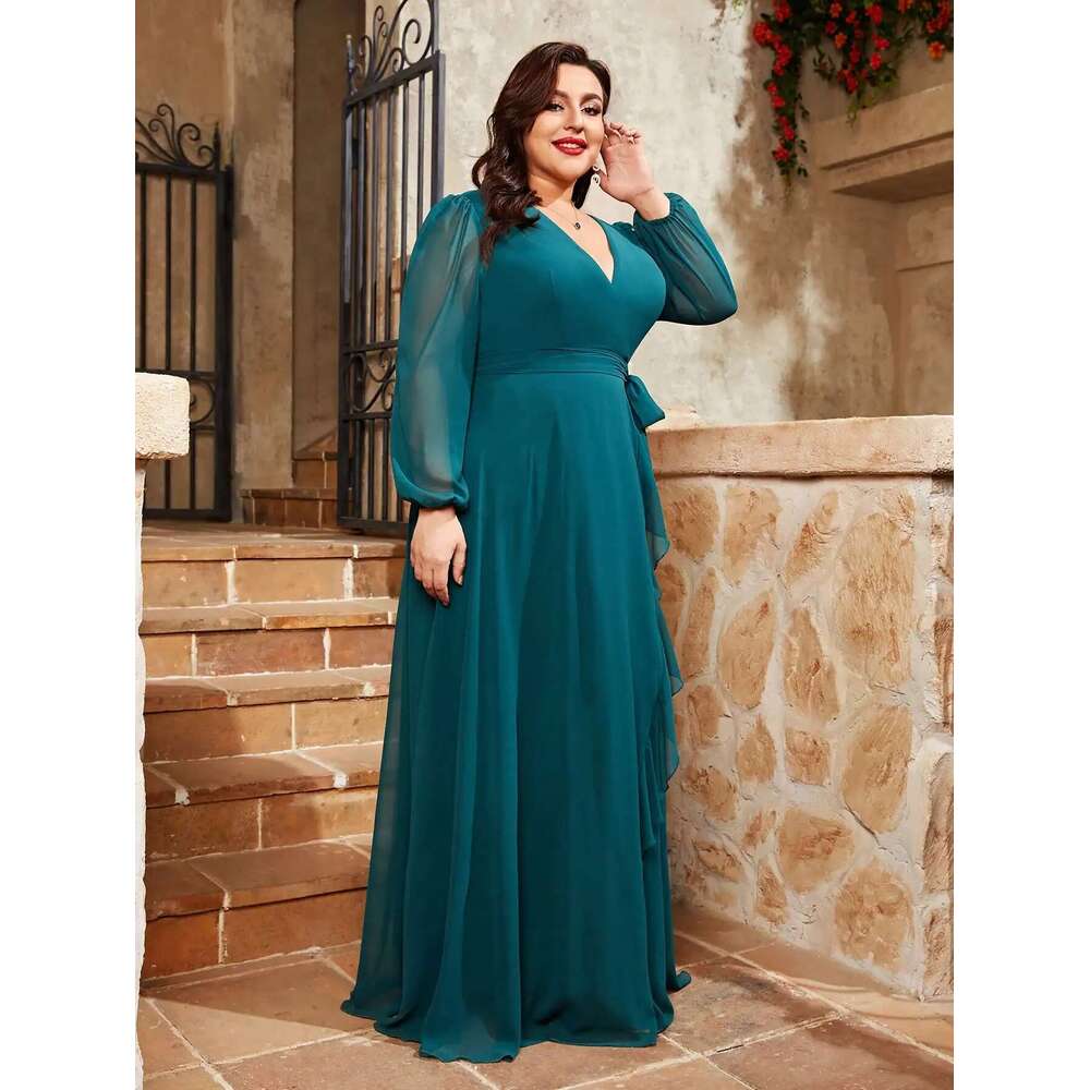 Mgiacy plus size V-neck irregular cross long sleeve ruffled chiffon full skirt Evening gown Ball Party dress