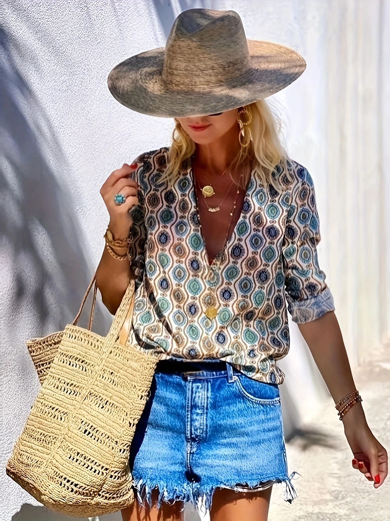 Womens Casual Long Sleeve Cuffed V Neck Blouses Plaid Print Cotton Shirts Tops 250514