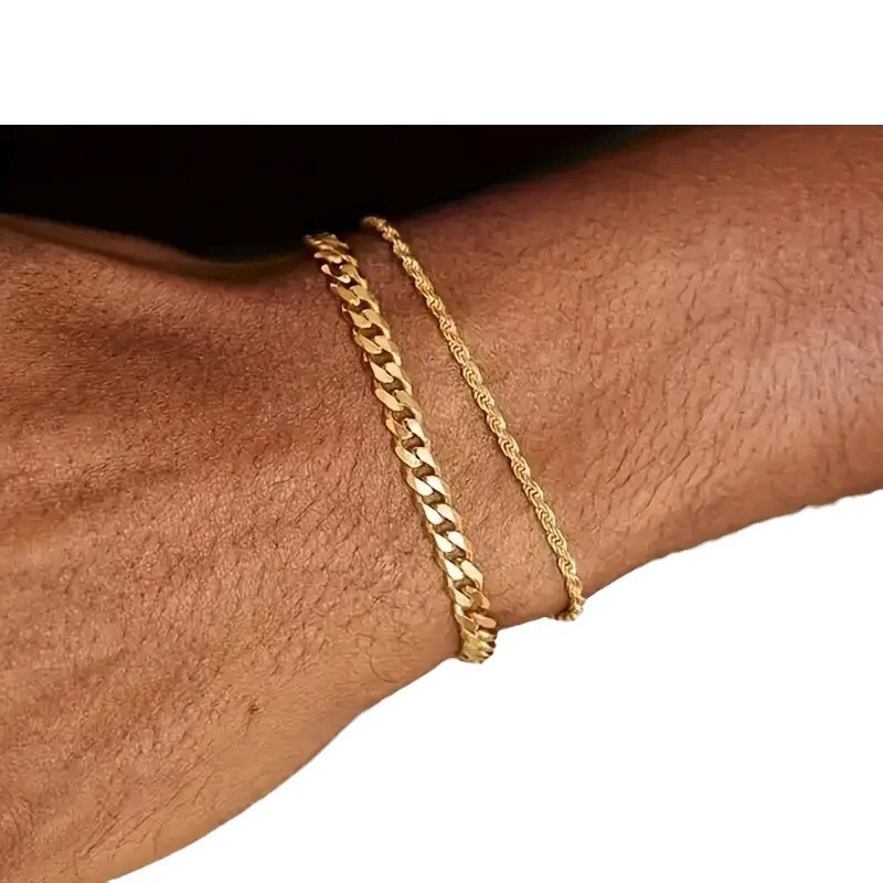 Jewelry Fashion Men's Fried Dough Twists Simple Cuban Chain Two Piece Set Bracelet