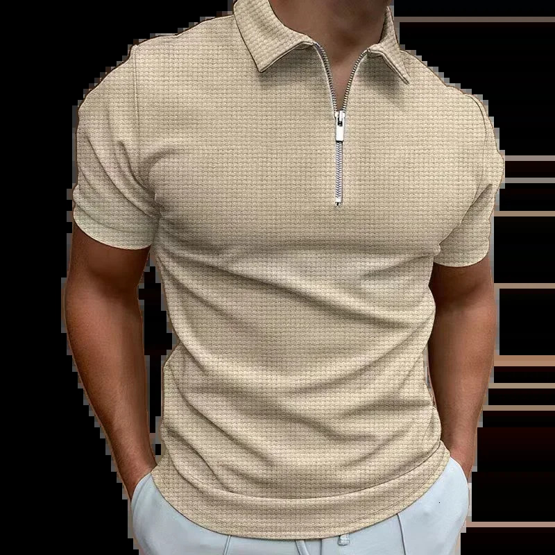 Summer Mens Zipper Waffle Polo Shirt Short Sleeve Waffle Lattice Casual T-shirt Men Thin Solid Color 250513