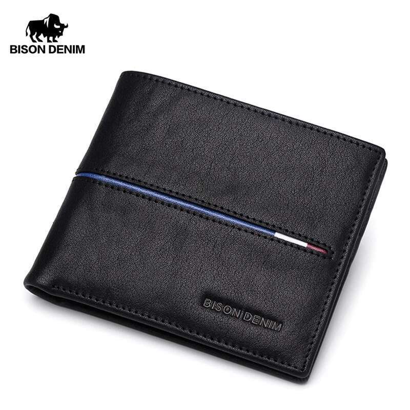 BISON DENIM Genuine Leather Brand Fashion Short Purses Coin Purse ID Credit Card Holder Slim Bifold Wallet Men N4437