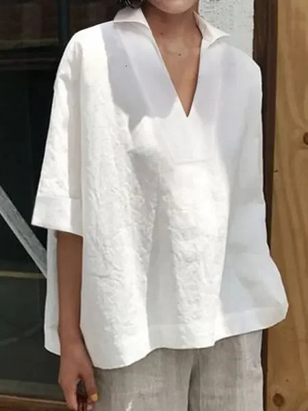 2025 Autumn Cotton Linen Women Top White Solid Half Sleeve V-neck Loose Casual Blouse Female Summer All-match Shirt Lady Clothes 250513