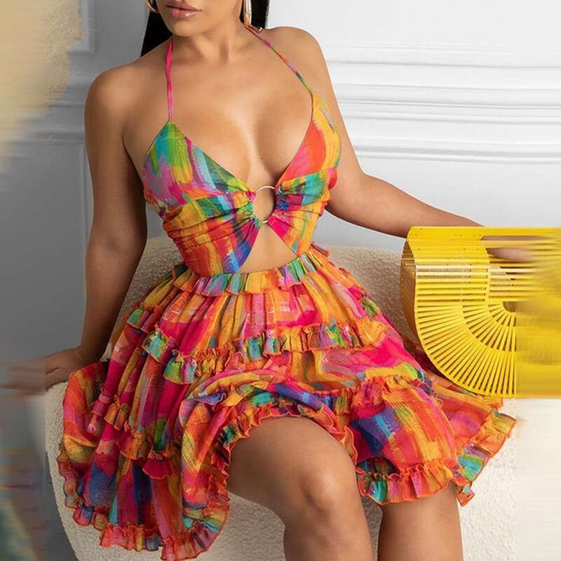 Skirt Birthday Dress Festival Womens 2025 Hollow Strap V-neck Temperament Hanging Neck Printed Suspender Dress