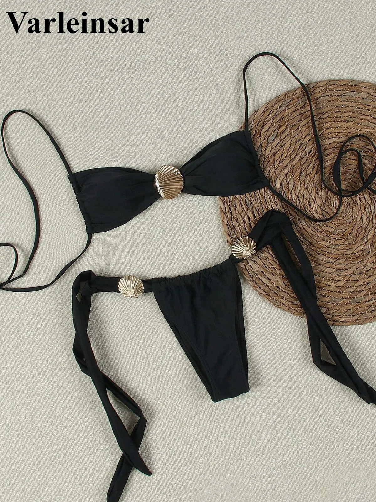 Metal Shell Halter Strappy High Cut Bikini Women Swimwear Female Swimsuit Twopieces set Bather Bathing Suit Swim V6289B 250506