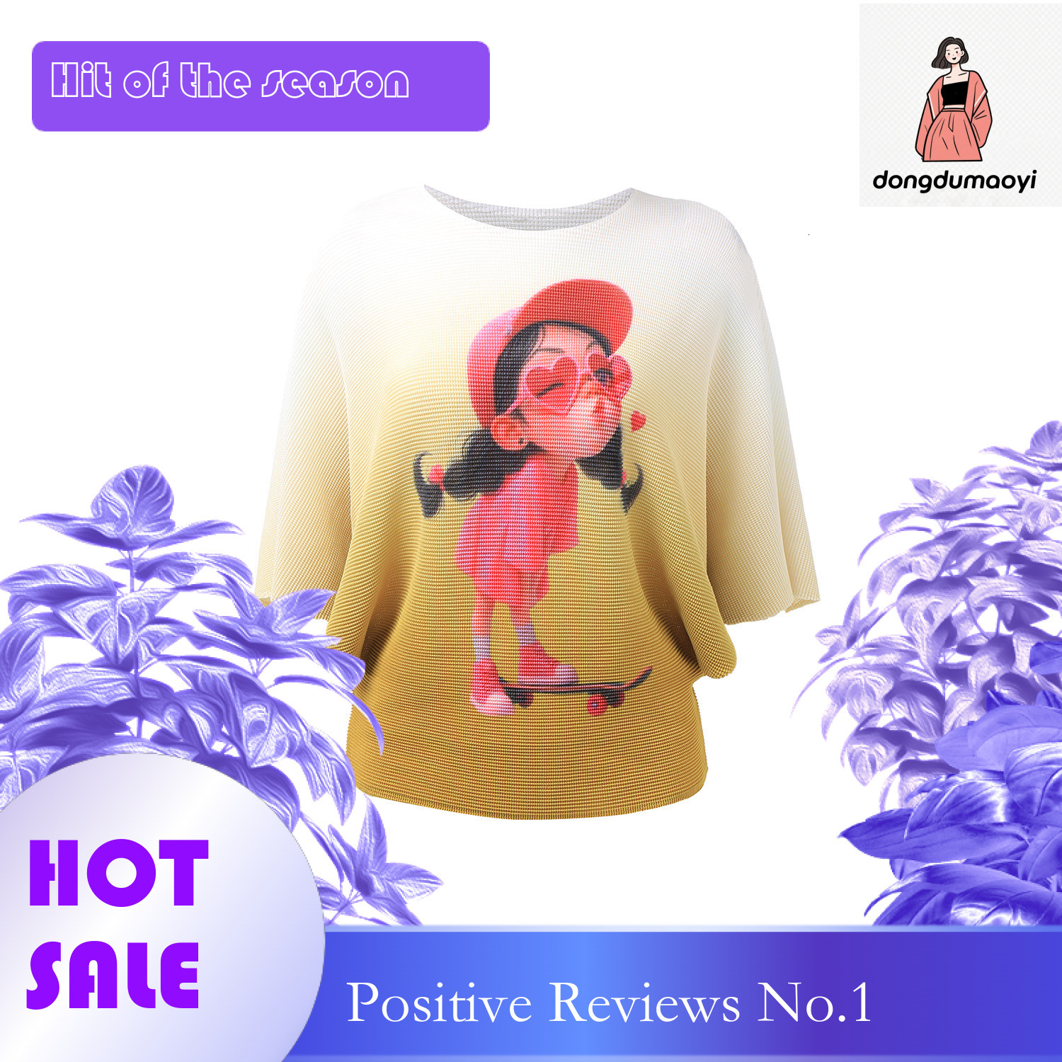 dongdumaoyi Miyake gradient t-shirt women's bat sleeves round neck loose pullover small shirt summer new commuting versatile top