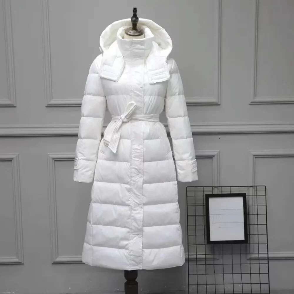 White Duck Jacket Women 2024 New Winter Long Hooded Warm Belt Slim Down Coat Female Korean Office Lady Casual Fashion