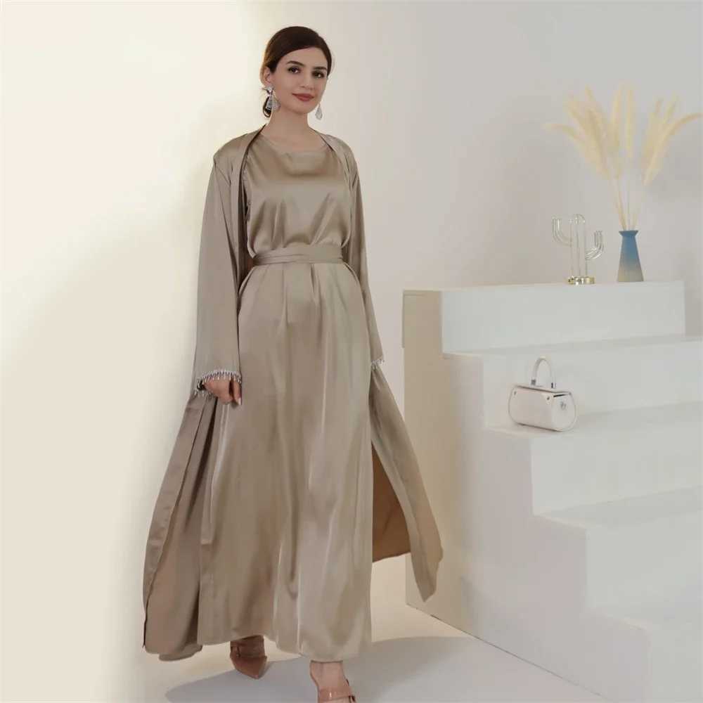 Diamonds Tassel Muslim Women Matching Outfits Kimono Open Abaya Dress 2 Pieces Set Satin Jalabiya Islamic Kaftan Ka Ramadan X250514