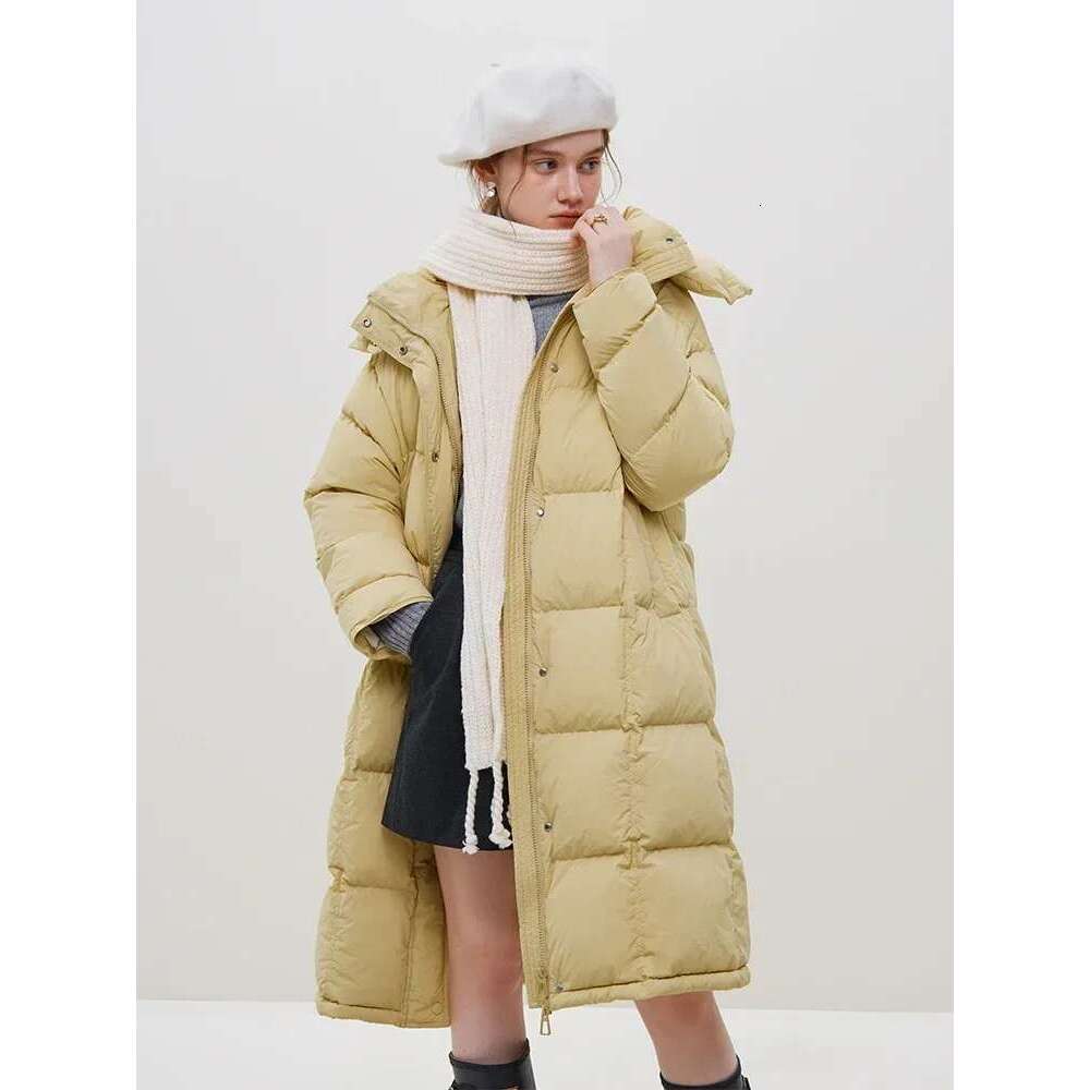 FSLE 240G Filling Capacity Retro Urban Commute Simple Korean Style Hooded Mid-Length Jacket Yellow Thicken Female Down Coat