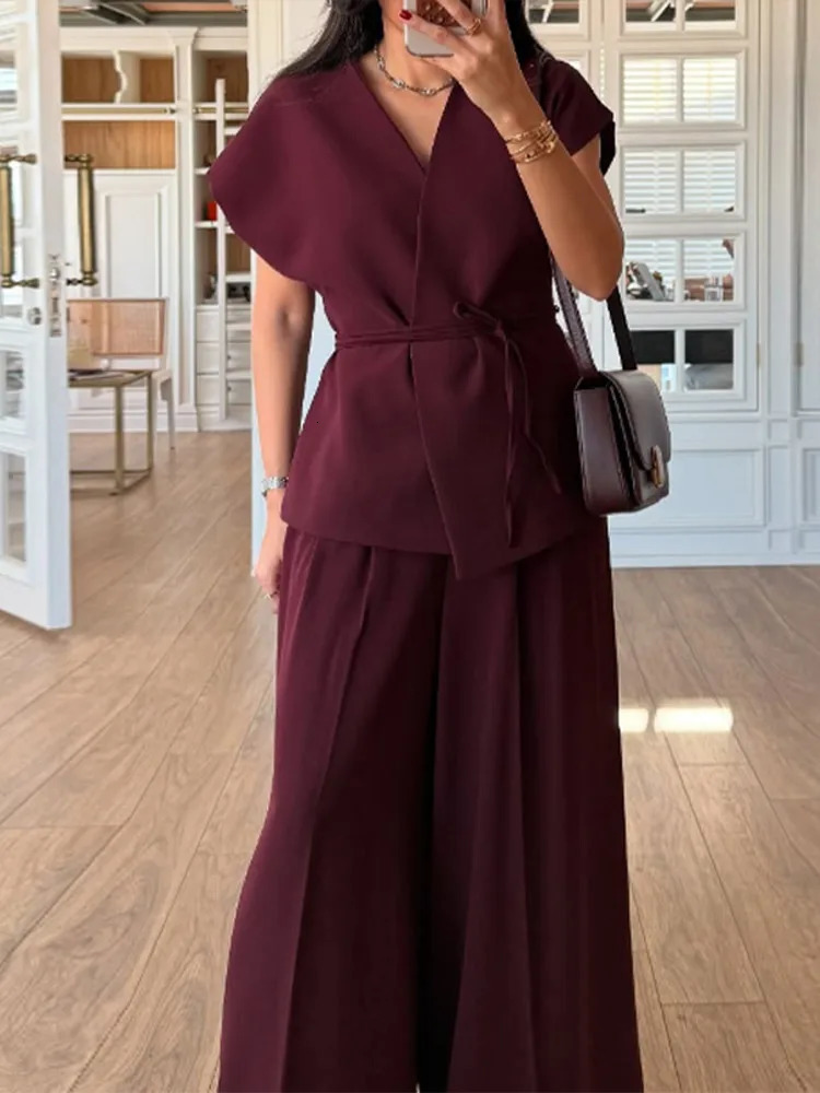 Loose Lace Up Shirts Pants Set Women Solid V-neck Short Sleeve Shirt Pleated Wide Leg Pant Spring Lady Suit Two Pieces Set 250513