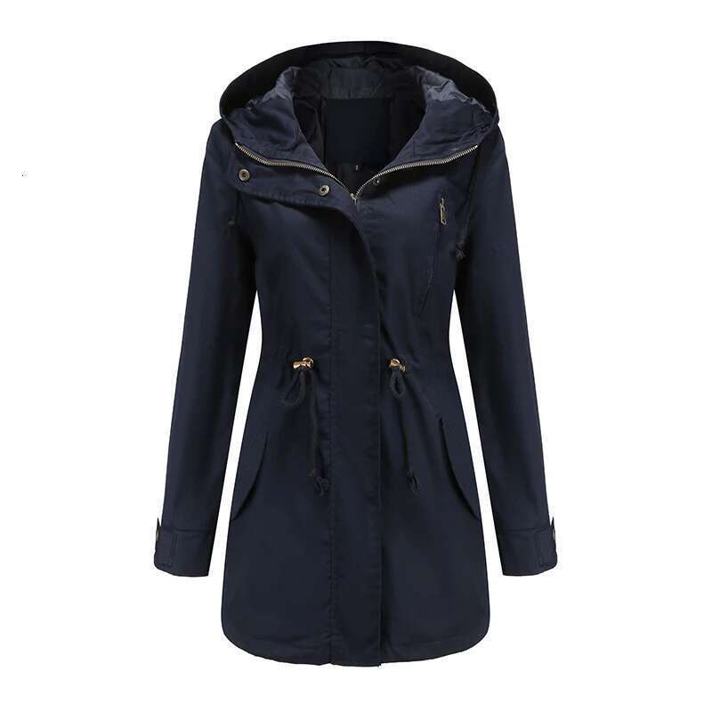 New Cotton Hooded Trench Coat Spring Autumn Jacket Zipper Loose Drawstring Solid Color Windbreaker Women's Clothing
