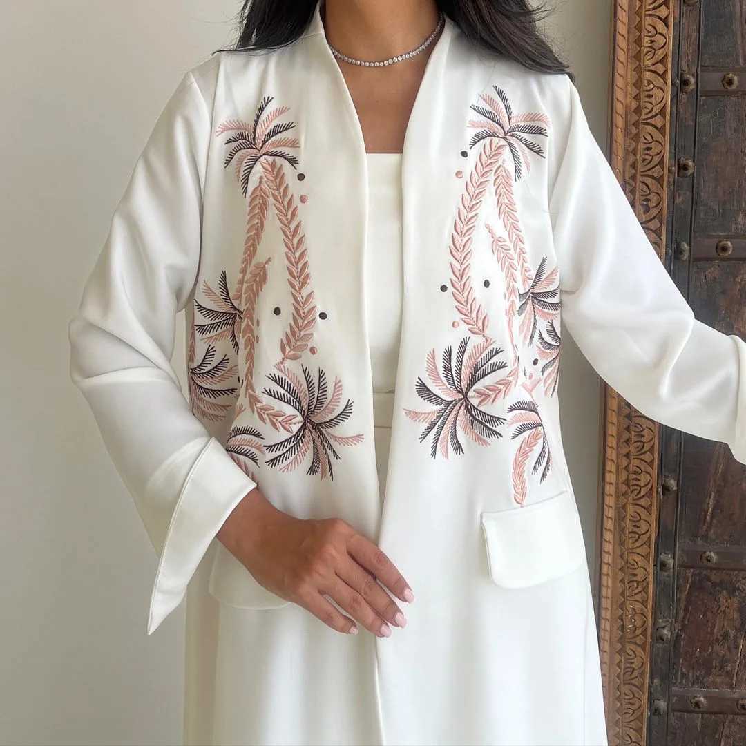 White Embroidery Open Front Abayas for Women Muslim Dress Dubai Kaftan Kimono Eid Islam Jalabiya Cardigan Caftan Marocain Femme X250514