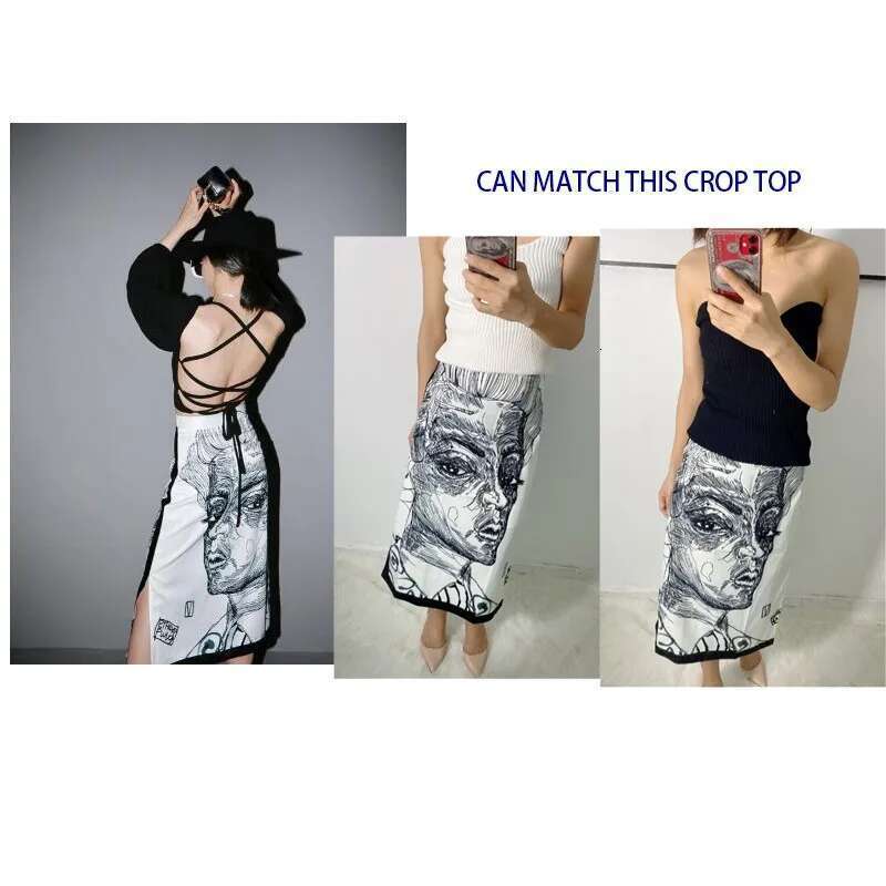 Getspring Women Skirt Long Split Print Character High Waist Color Matching Vintage All Th Spring Summer Skirts 2021