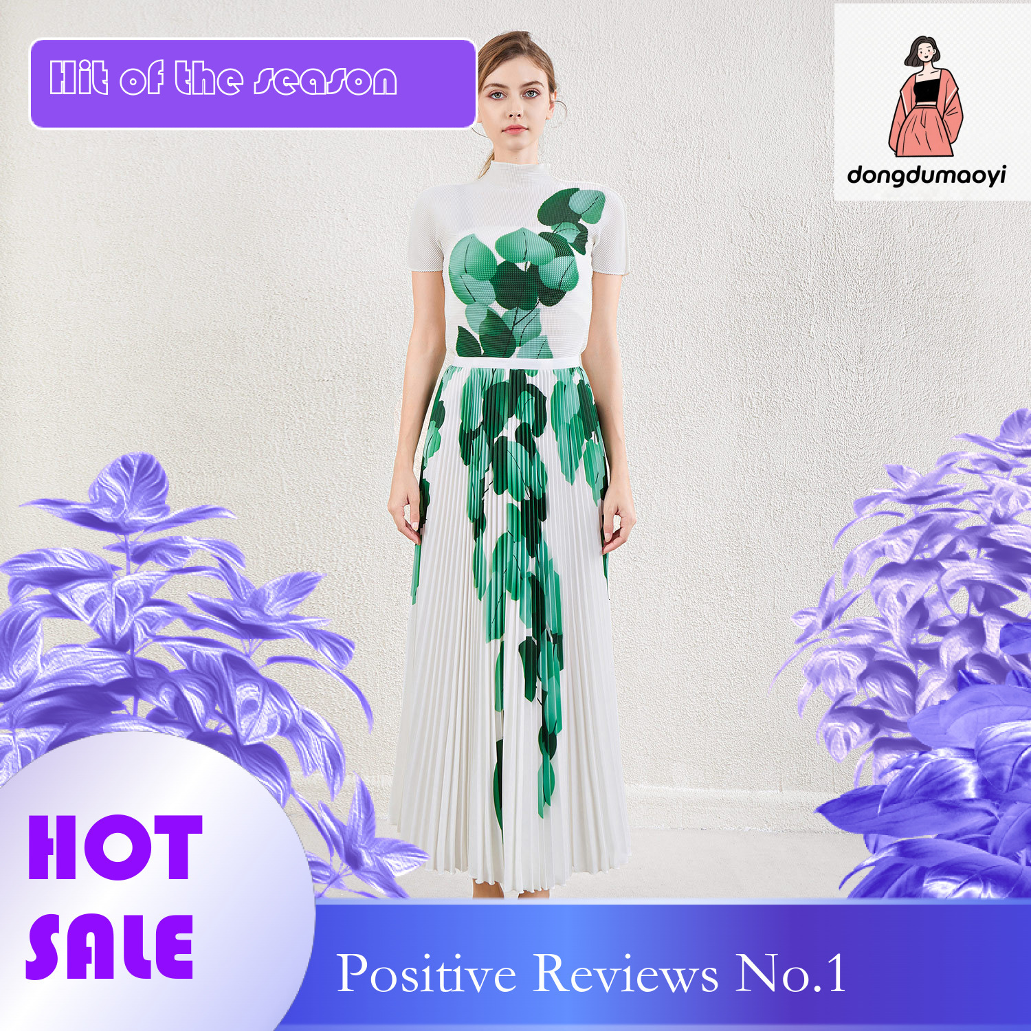 dongdumaoyi Fashionable printed pleated top, long T-shirt summer new style, three bedroom half skirt, two-piece set, women's clothing
