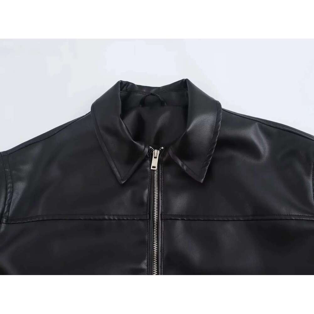 TRAFZA 2024 Autumn Winter Streetwear Faux Leather Women Jackets Fashion Vintage Spliced Zipper Turn Down Collar Chic Lady Jacket Designer