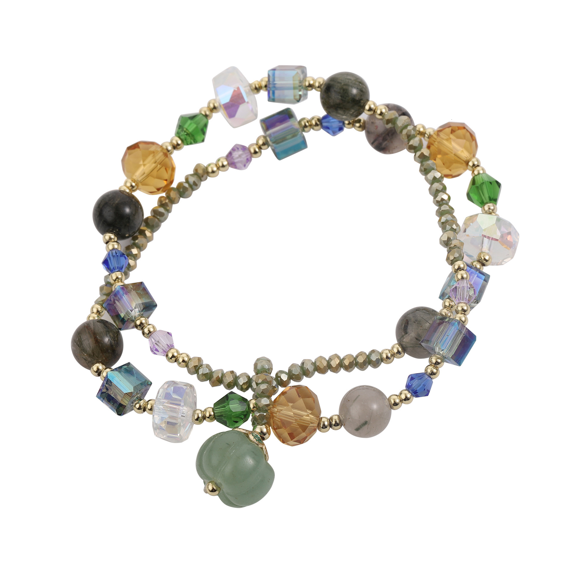 Natural countryside style green color hair bracelet, women's personality simple pumpkin pendant, square sugar crystal double circle jewelry