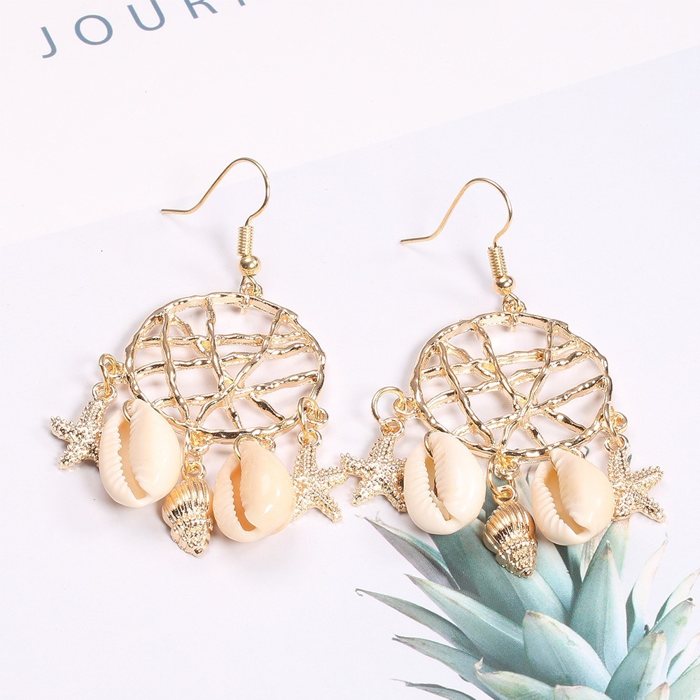 Hot selling fashion shell conch starfish dream catcher net jewelry style summer earrings for women