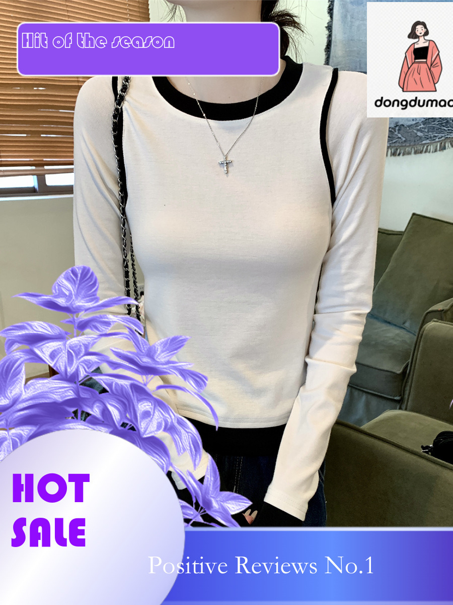 dongdumaoyi Splicing Design Fake Two piece Long sleeved T-shirt Women's Base Shirt 2025 Spring New Color Contrasting Age Reducing Interior Top