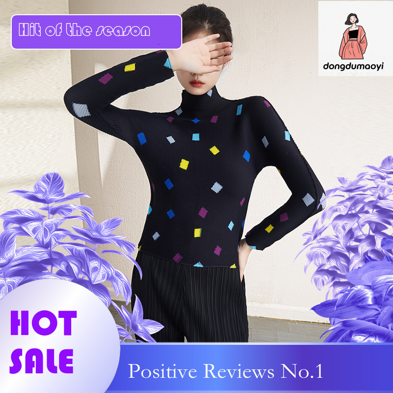 dongdumaoyi Miyake semi high neck printed top for women in spring and autumn, elastic slim fit, slimming long sleeved pleated T-shirt as base