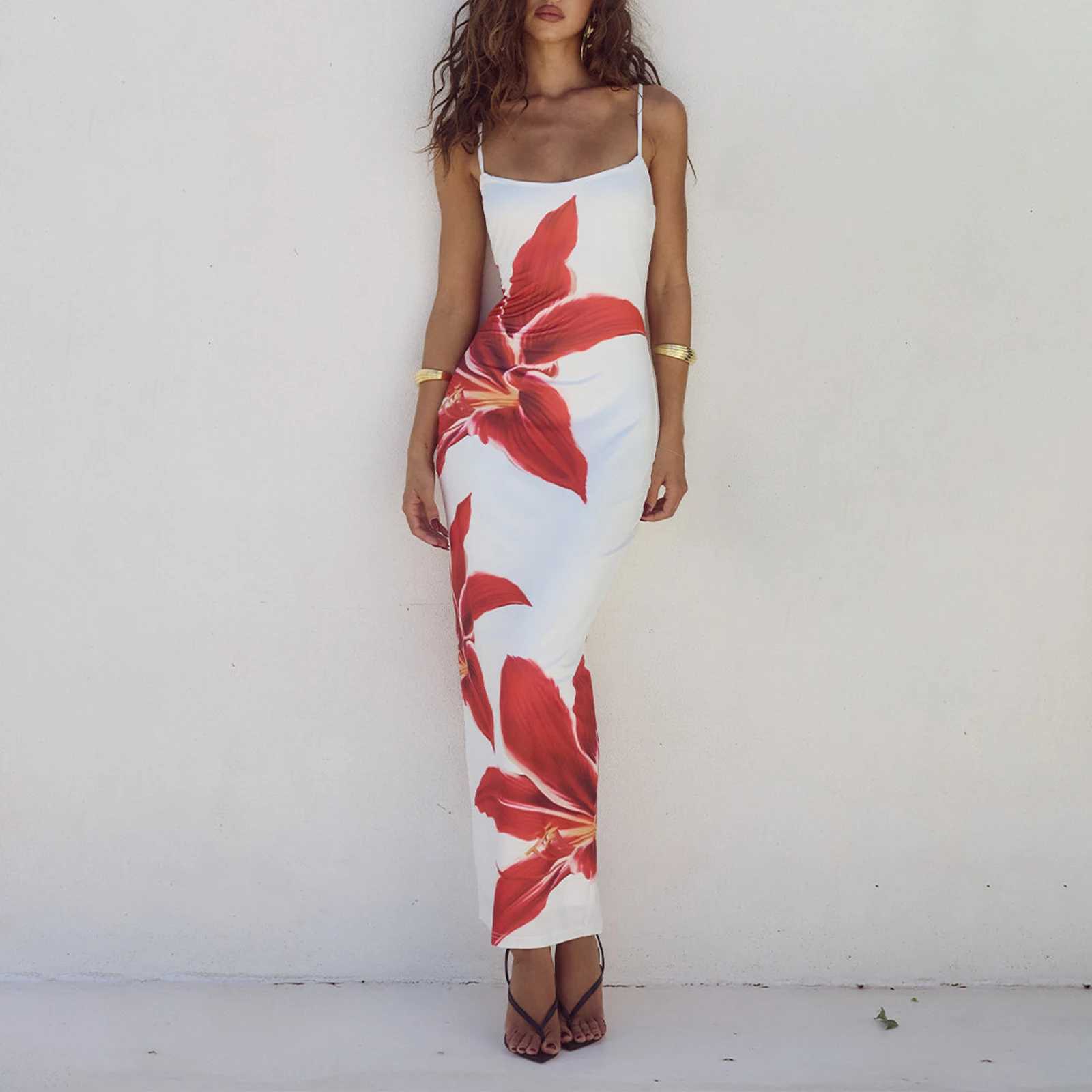 Women Cocktail Bodycon Dress Split Bodycon Party Floral Print Spaghetti Strap Dresses Sexy Female Summer Outfits StreetwearXJ250514