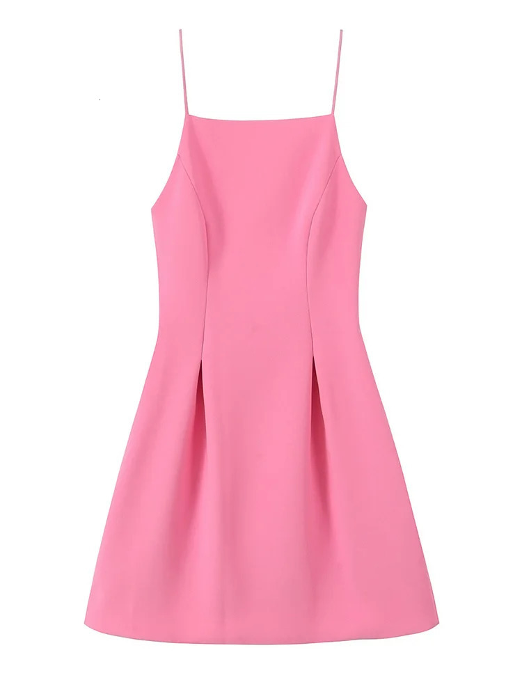 TFMLN Elegant Ladies Pink Spaghetti Strap Dress Summer Simple Style Women Slim Short Party Fashion ALine 250514