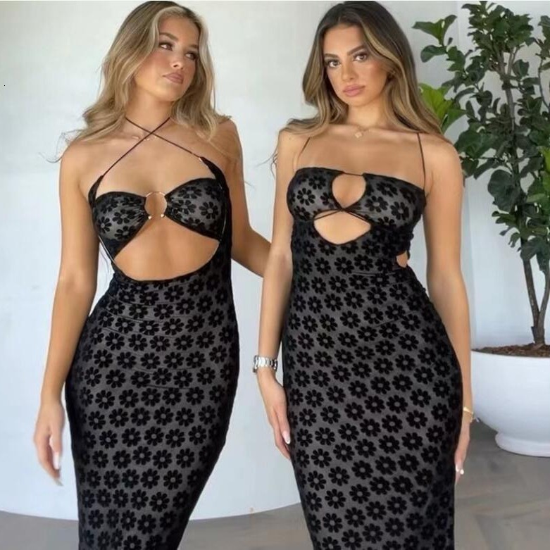 Ins style 2022 summer new womens fashion hanging neck sexy hollow out perspective slim fit bag hip dress