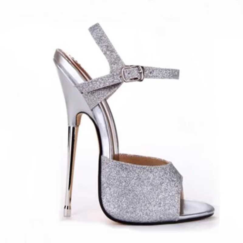 Summer Peep Toe Bling Sandals Sexy Sky Ankle Buckle Strap For Women Metal Heels 16CM Glitter High Metal Heel Dress Shoes W250514